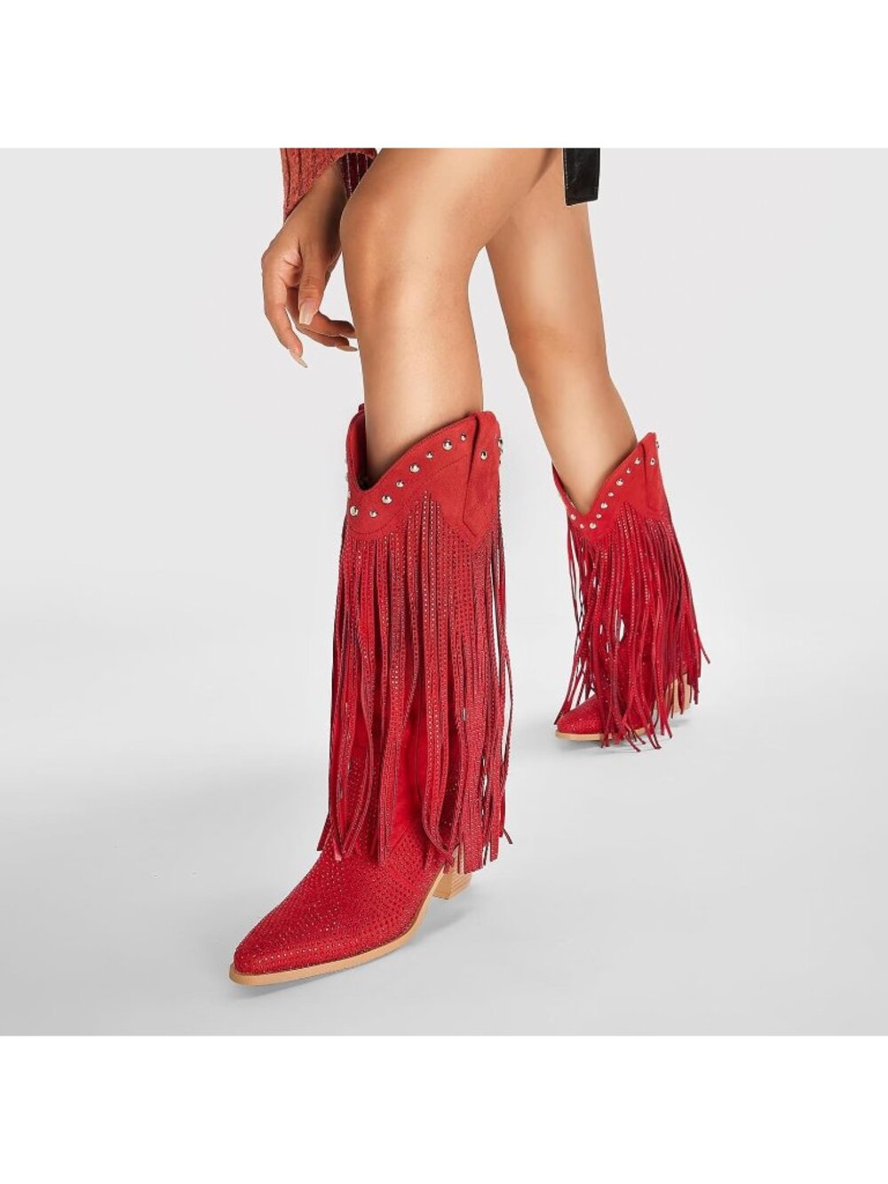 Women's Red Rhinestone Fringe Cowgirl Boots Sparkly Western Pointed Toe Pull On - Picture 5 of 6